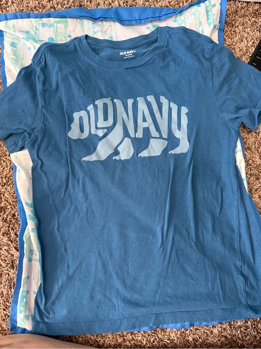 Old Navy Blue Tee with White Logo Bear Graphic